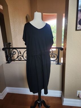 Black V-Neck Drawstring Waist Women's Dress